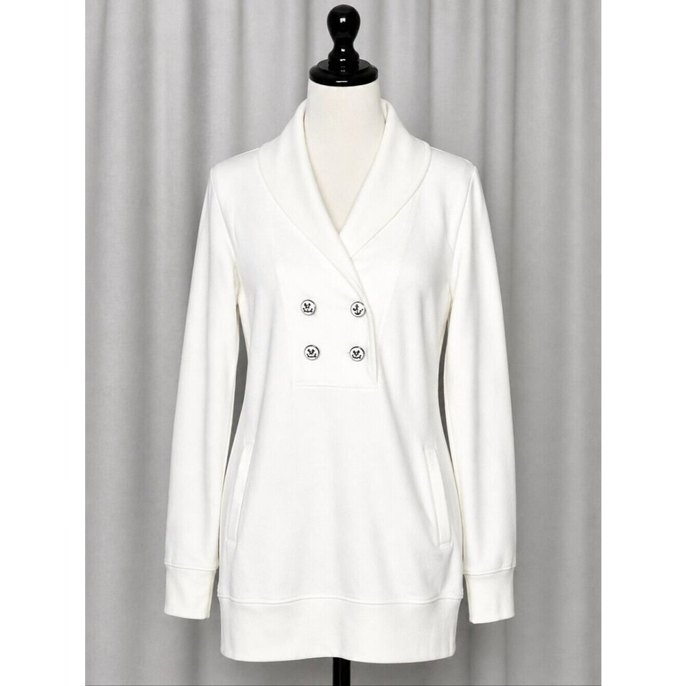 Nautica Anchors Away Double Breasted Anchor Buttons V-Neck Long White Sweatshirt
